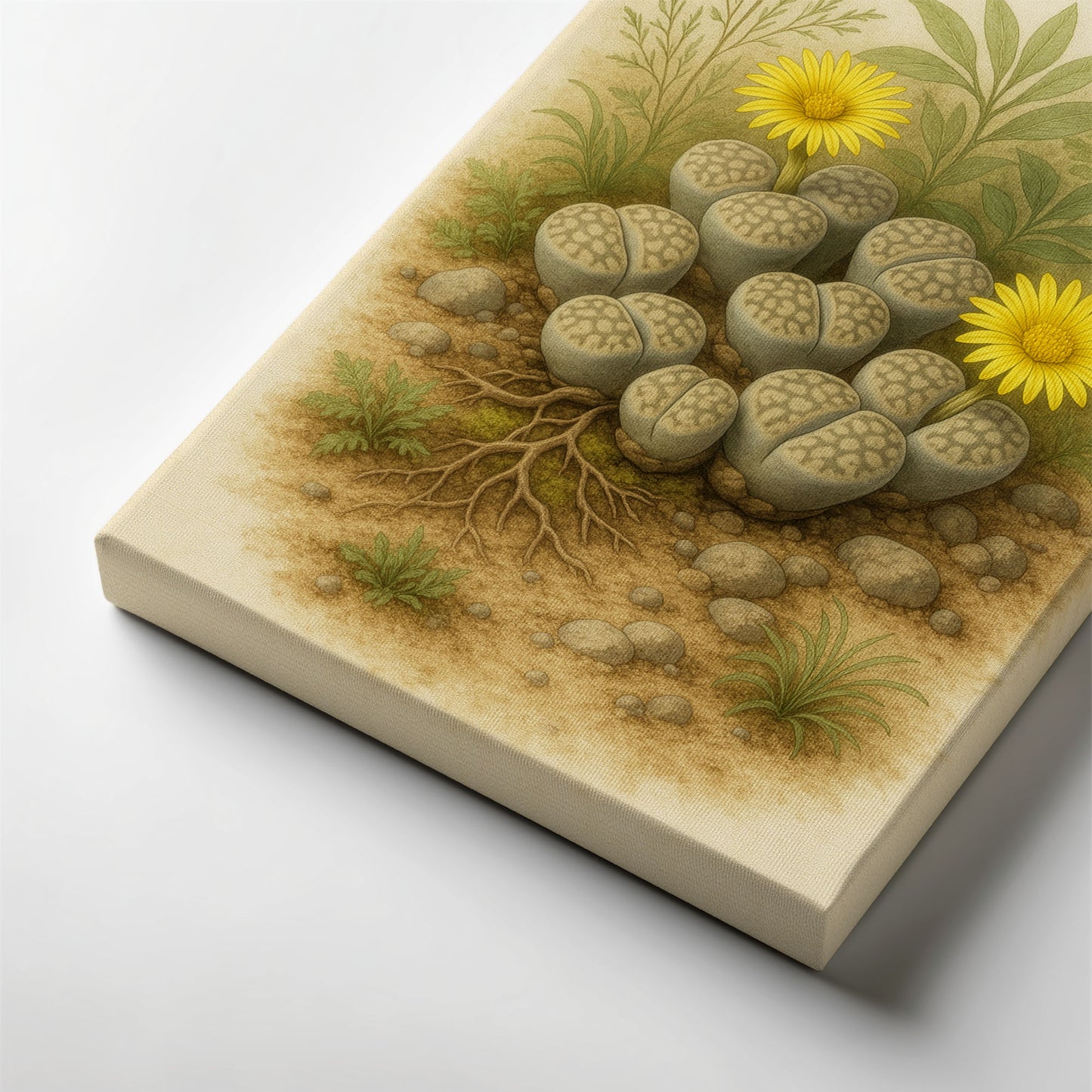 Blooming Lithops Illustration - Neutral Botanical Canvas Wall Art