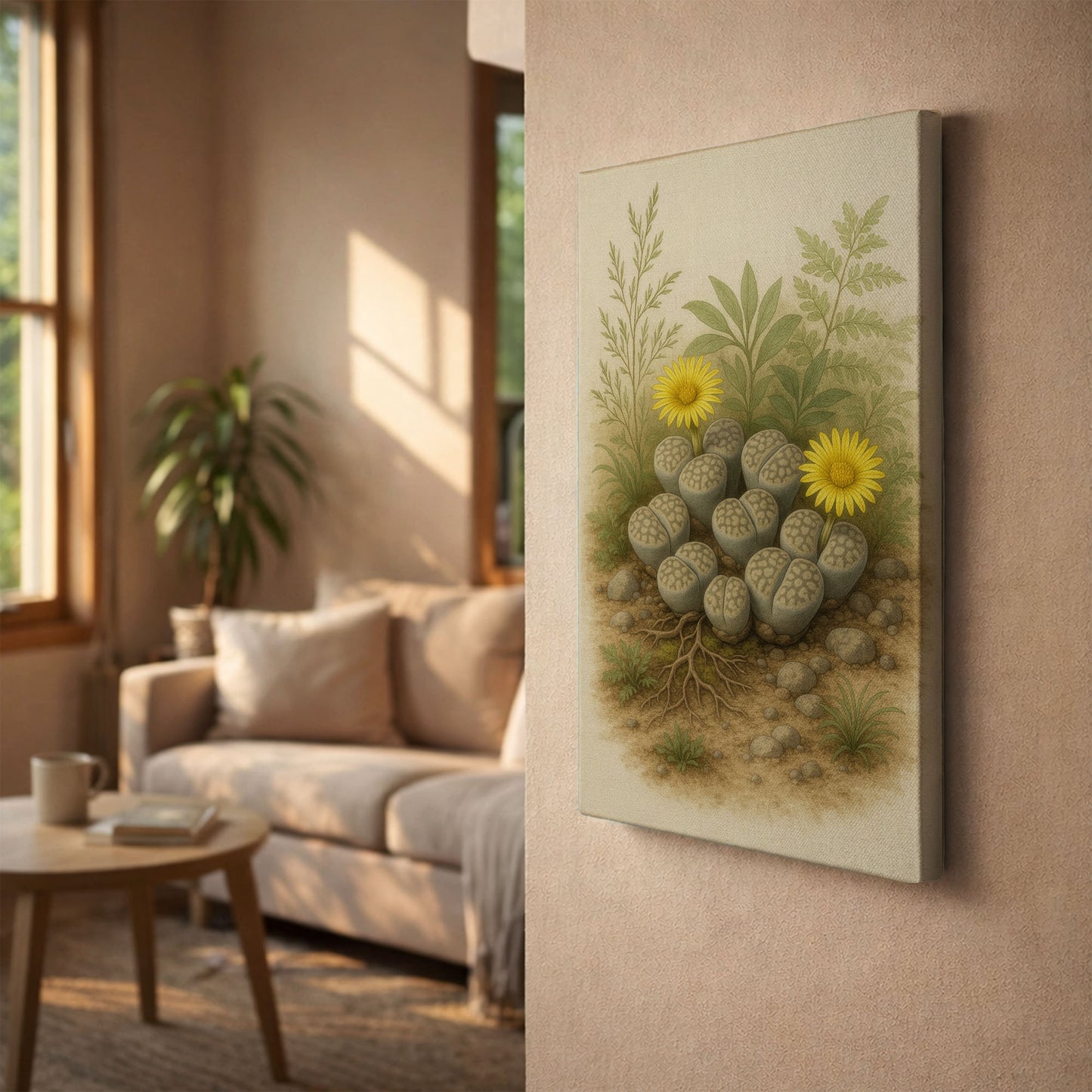 Blooming Lithops Illustration - Neutral Botanical Canvas Wall Art