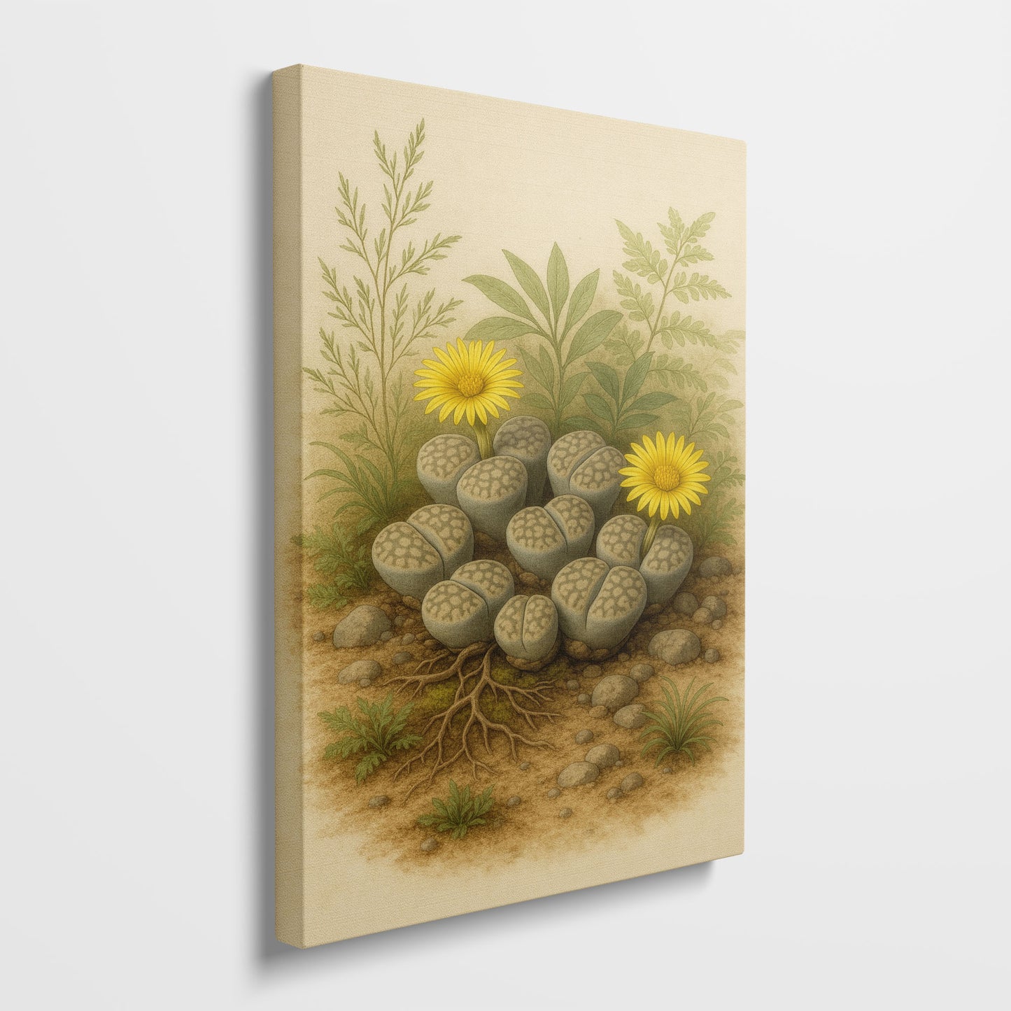Blooming Lithops Illustration - Neutral Botanical Canvas Wall Art