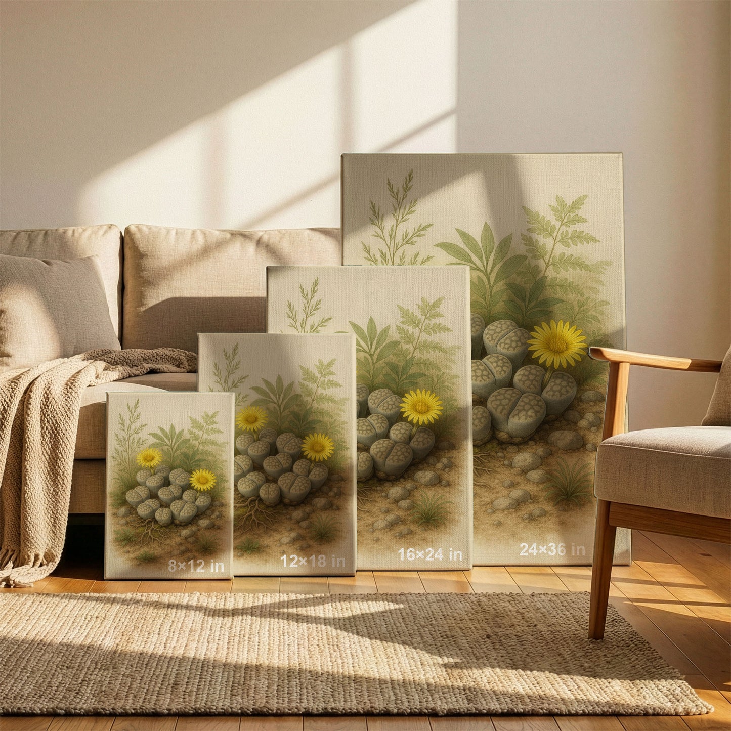 Blooming Lithops Illustration - Neutral Botanical Canvas Wall Art