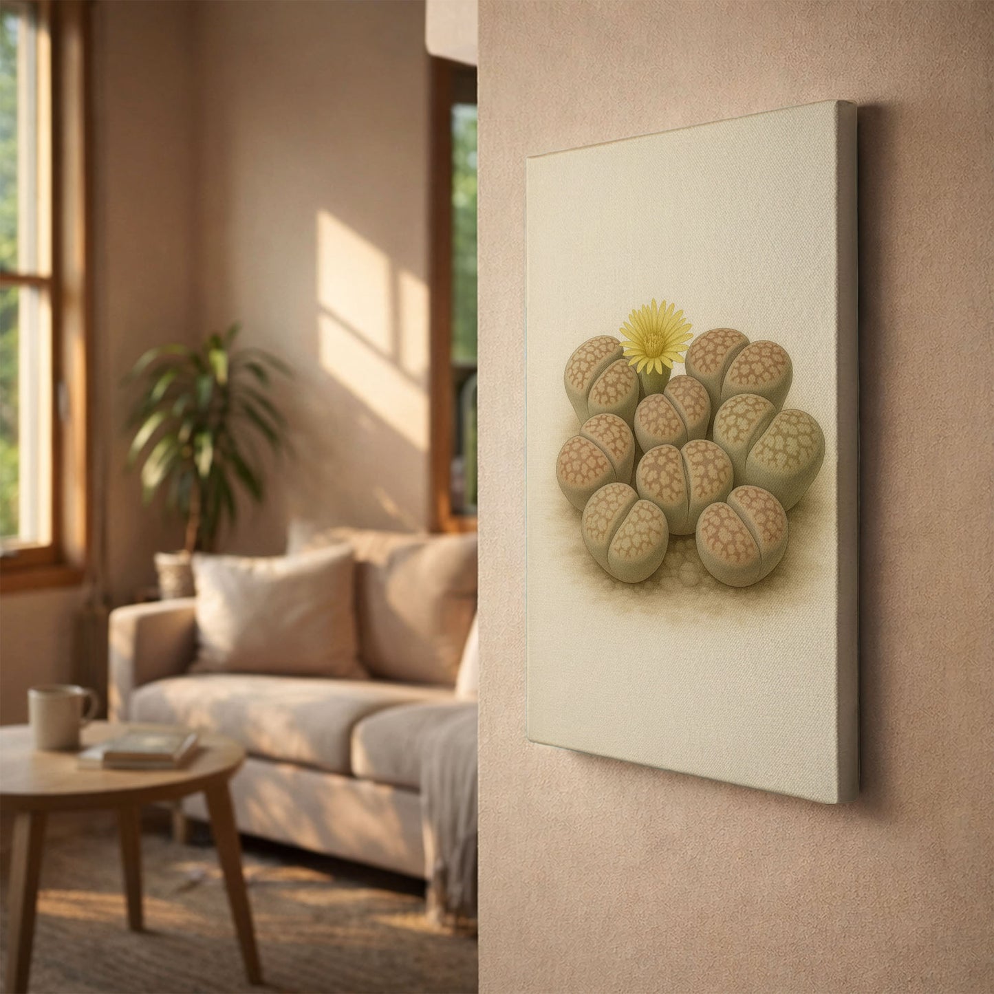 Lithops Living Stone Illustration - Minimalist Botanical Canvas Wall Art