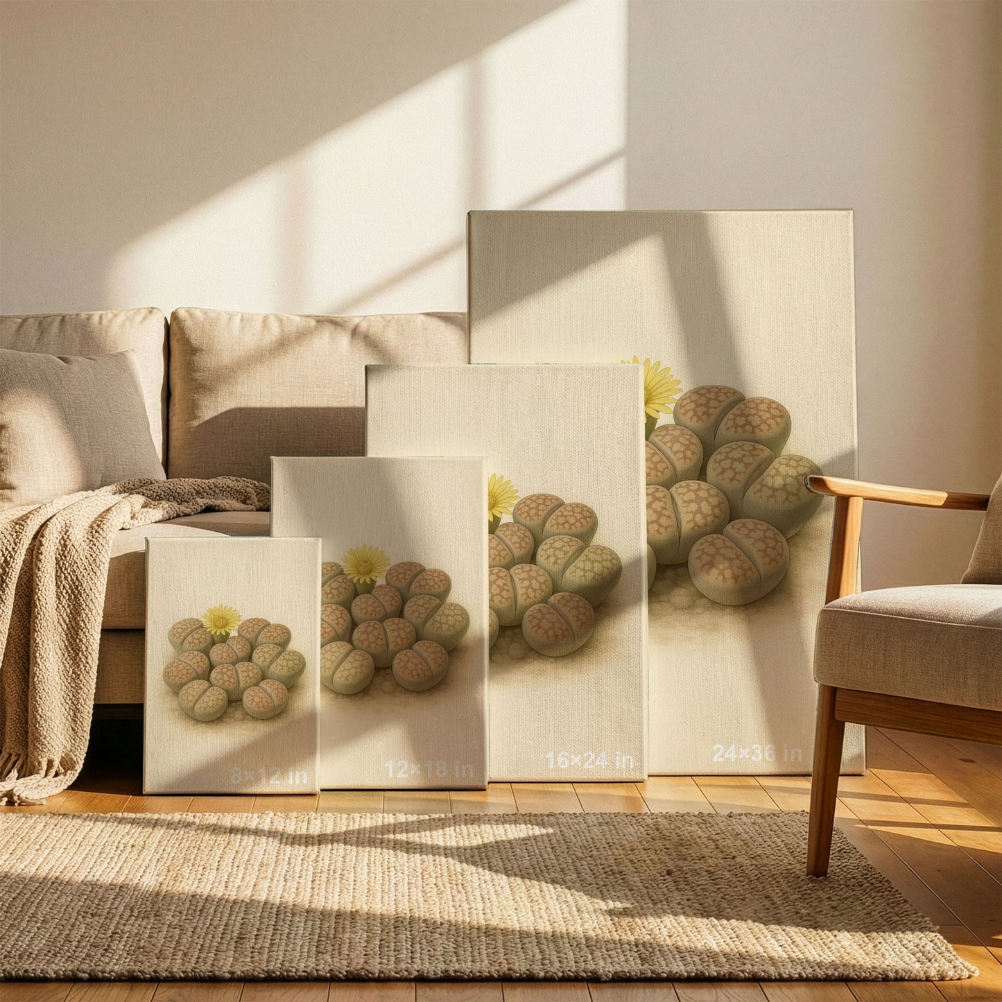 Lithops Living Stone Illustration - Minimalist Botanical Canvas Wall Art