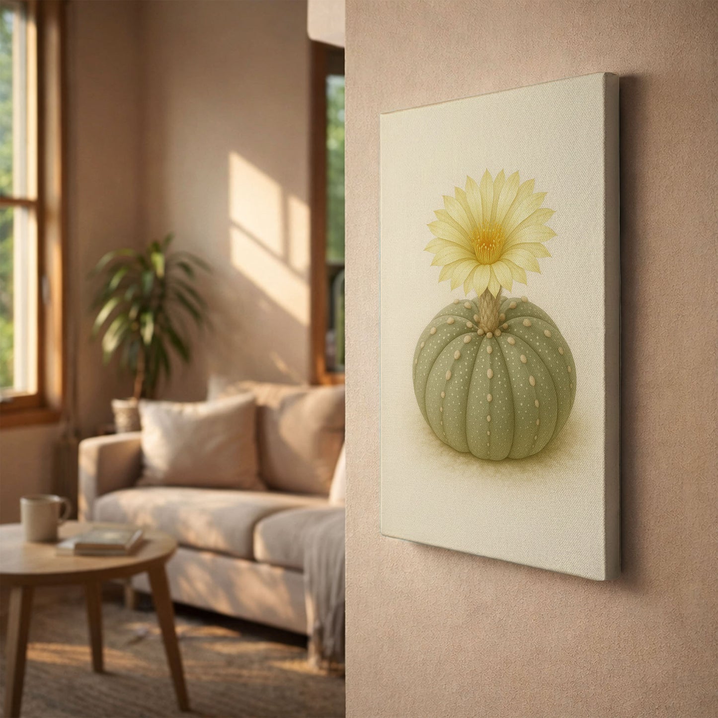 Astrophytum Cactus Flower Illustration - Minimalist Botanical Canvas Art