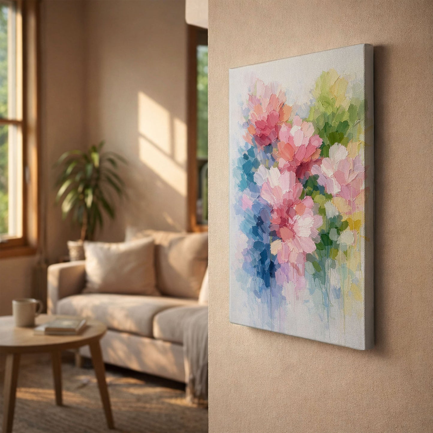Pink and Blue Abstract Floral Canvas Wall Art – Soft Painterly Flower Decor