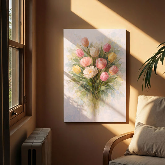 Pastel Tulip Floral Canvas Wall Art – Soft Botanical Flower Painting
