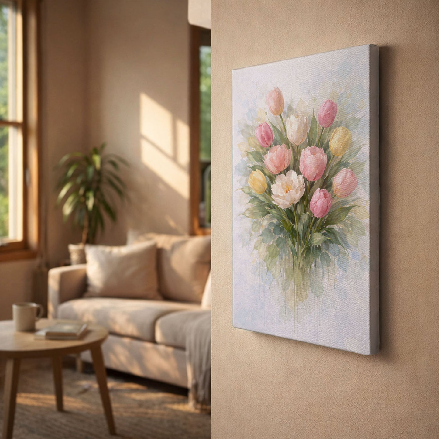 Pastel Tulip Floral Canvas Wall Art – Soft Botanical Flower Painting