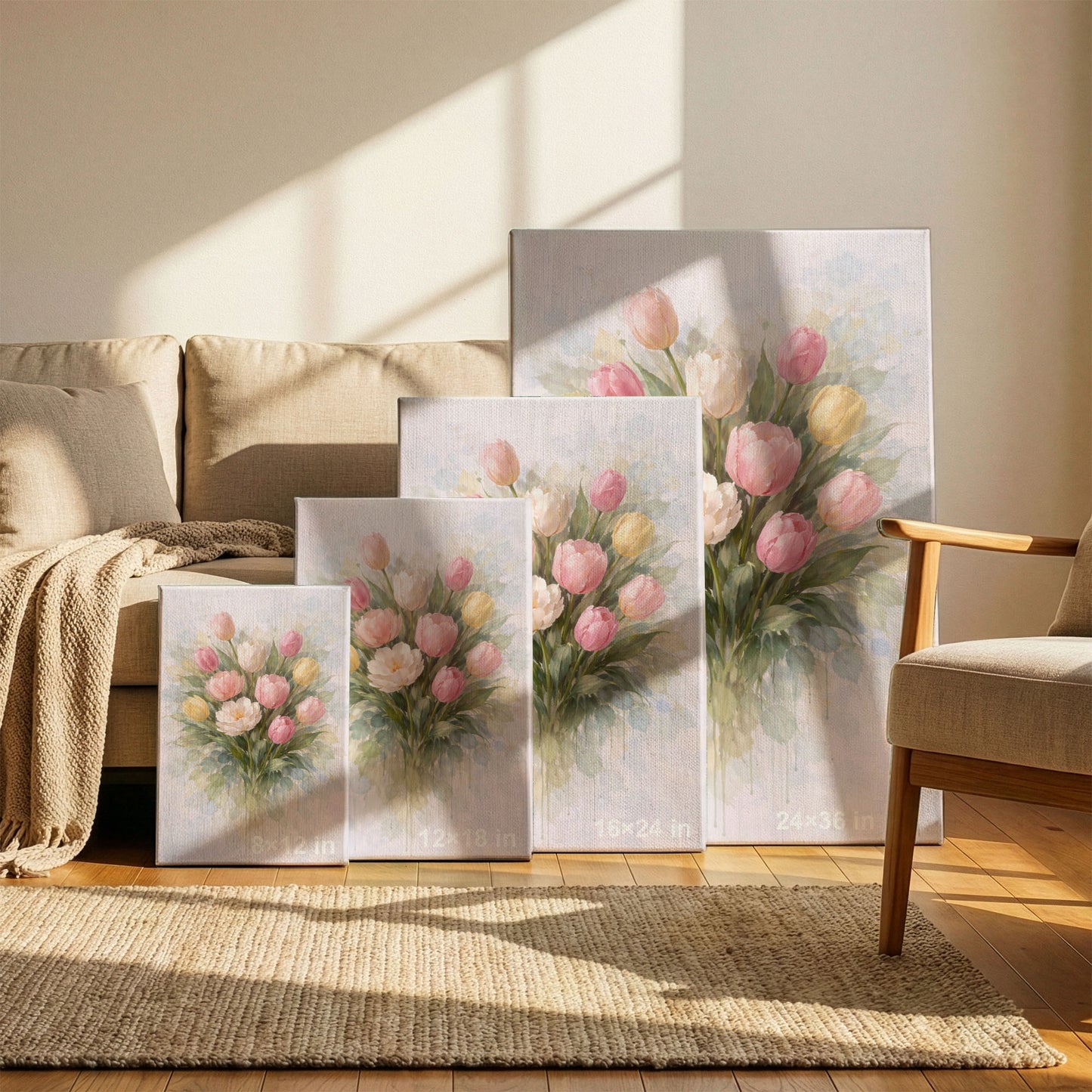 Pastel Tulip Floral Canvas Wall Art – Soft Botanical Flower Painting