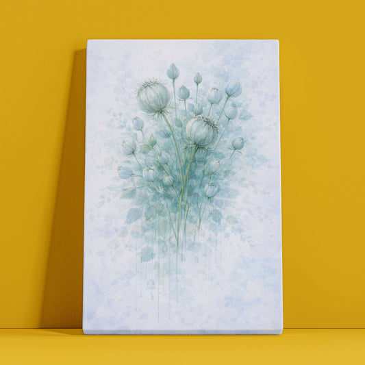 Blue Green Botanical Buds Canvas Wall Art - Airy Floral Minimal Decor