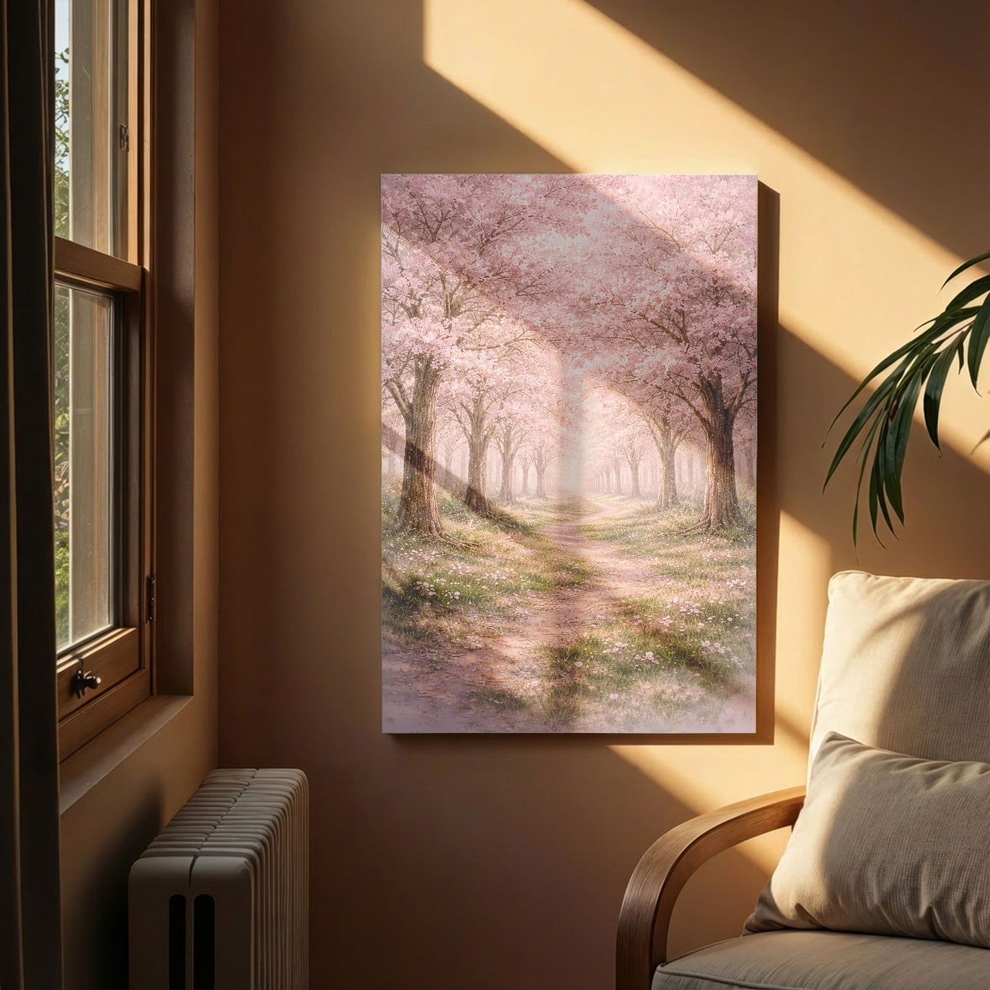 Cherry Blossom Path Canvas Wall Art - Soft Pink Spring Landscape Decor