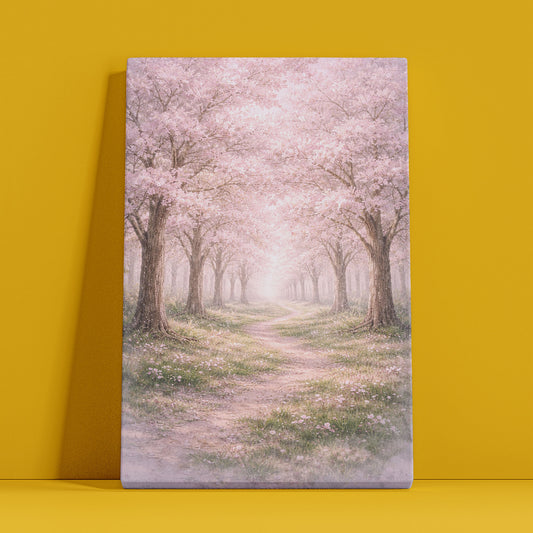 Cherry Blossom Path Canvas Wall Art - Soft Pink Spring Landscape Decor