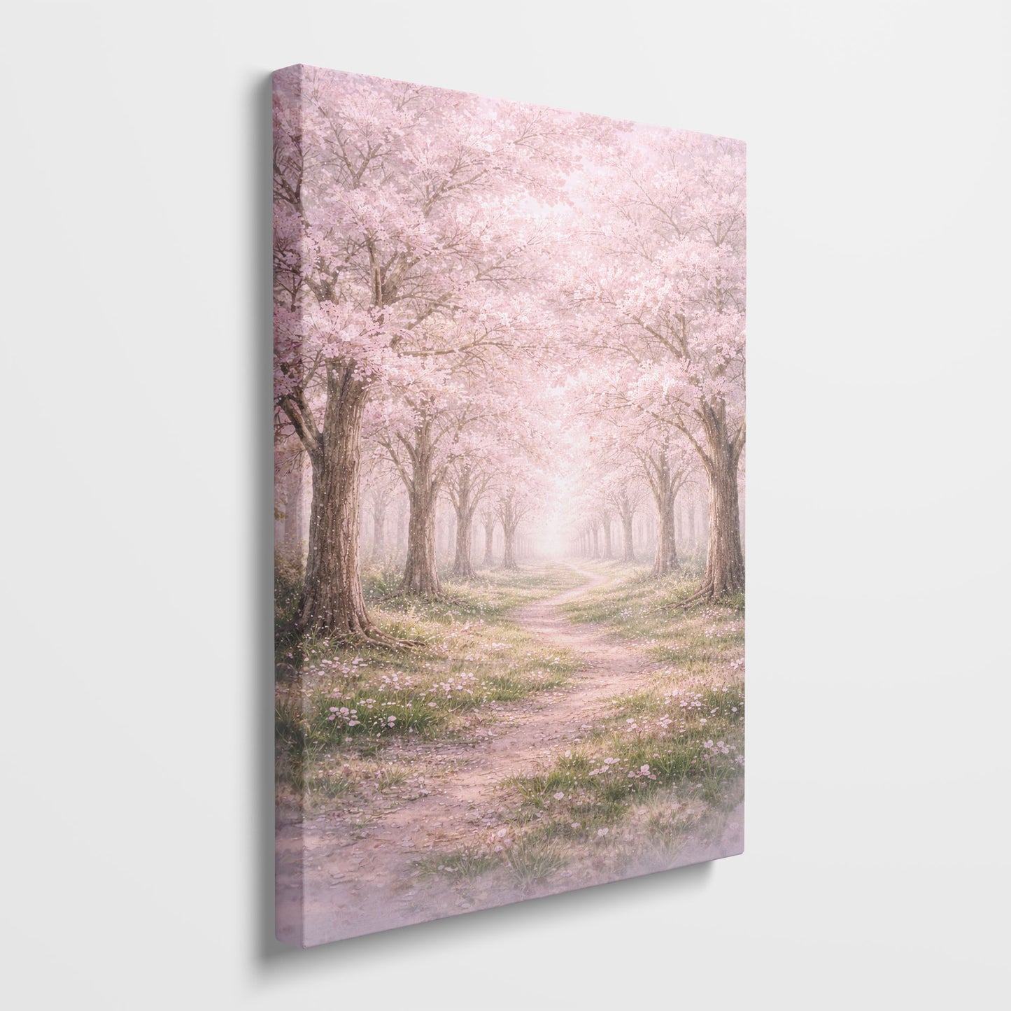 Cherry Blossom Path Canvas Wall Art - Soft Pink Spring Landscape Decor