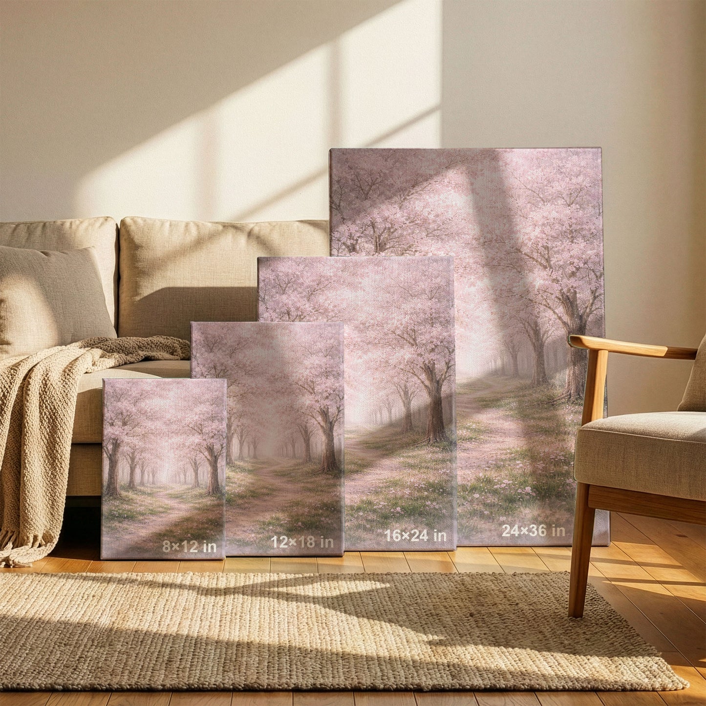 Cherry Blossom Path Canvas Wall Art - Soft Pink Spring Landscape Decor