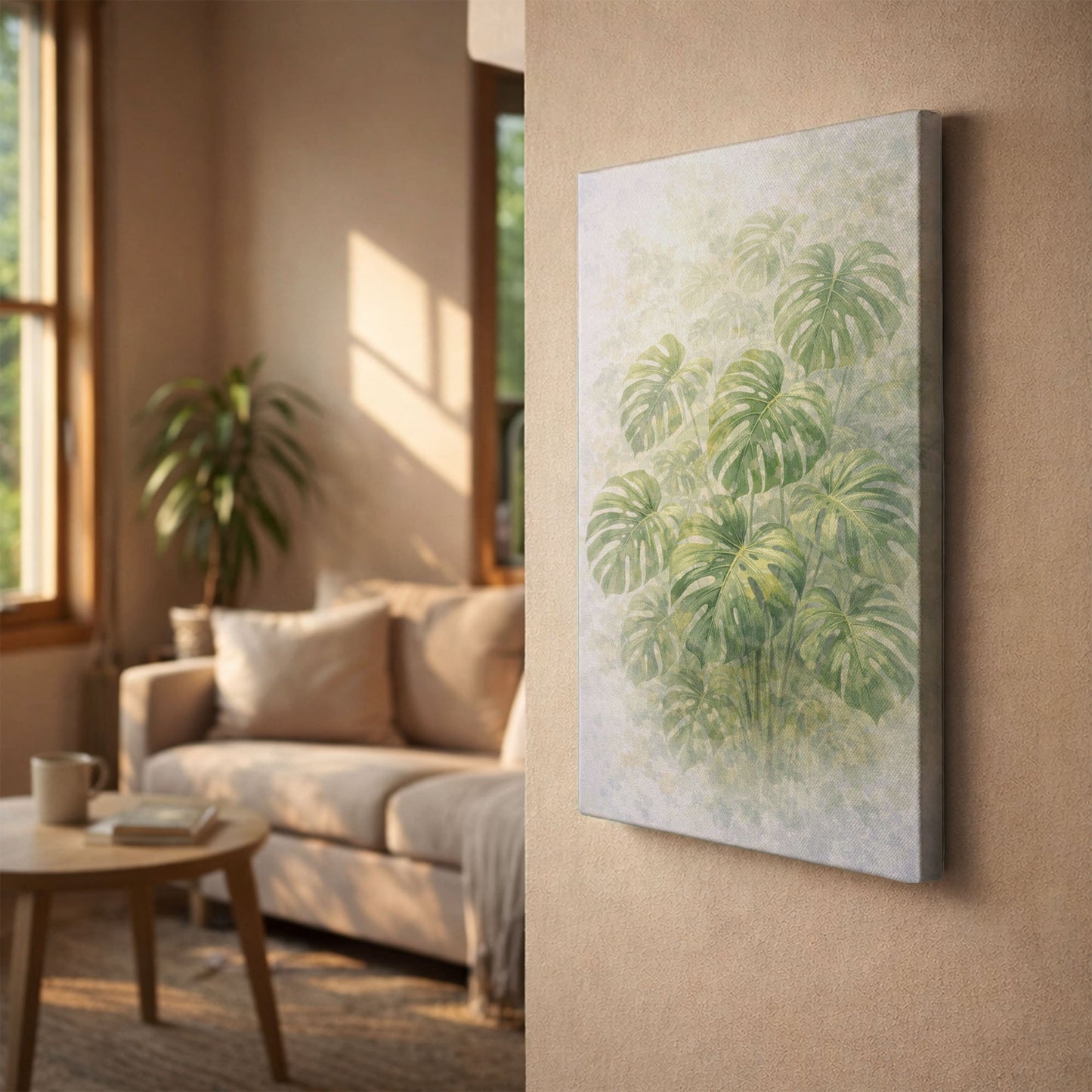 Monstera Leaves Botanical Illustration – Soft Green Tropical Wall Art