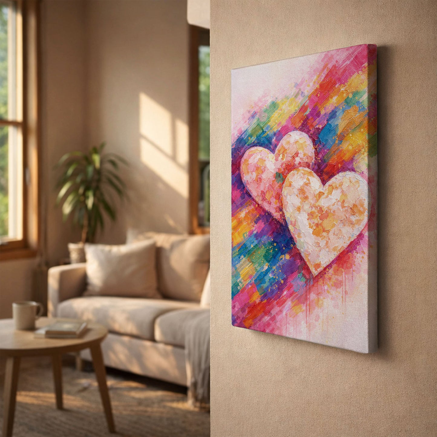 Triple Heart Abstract Canvas Wall Art – Colorful Textured Love Decor