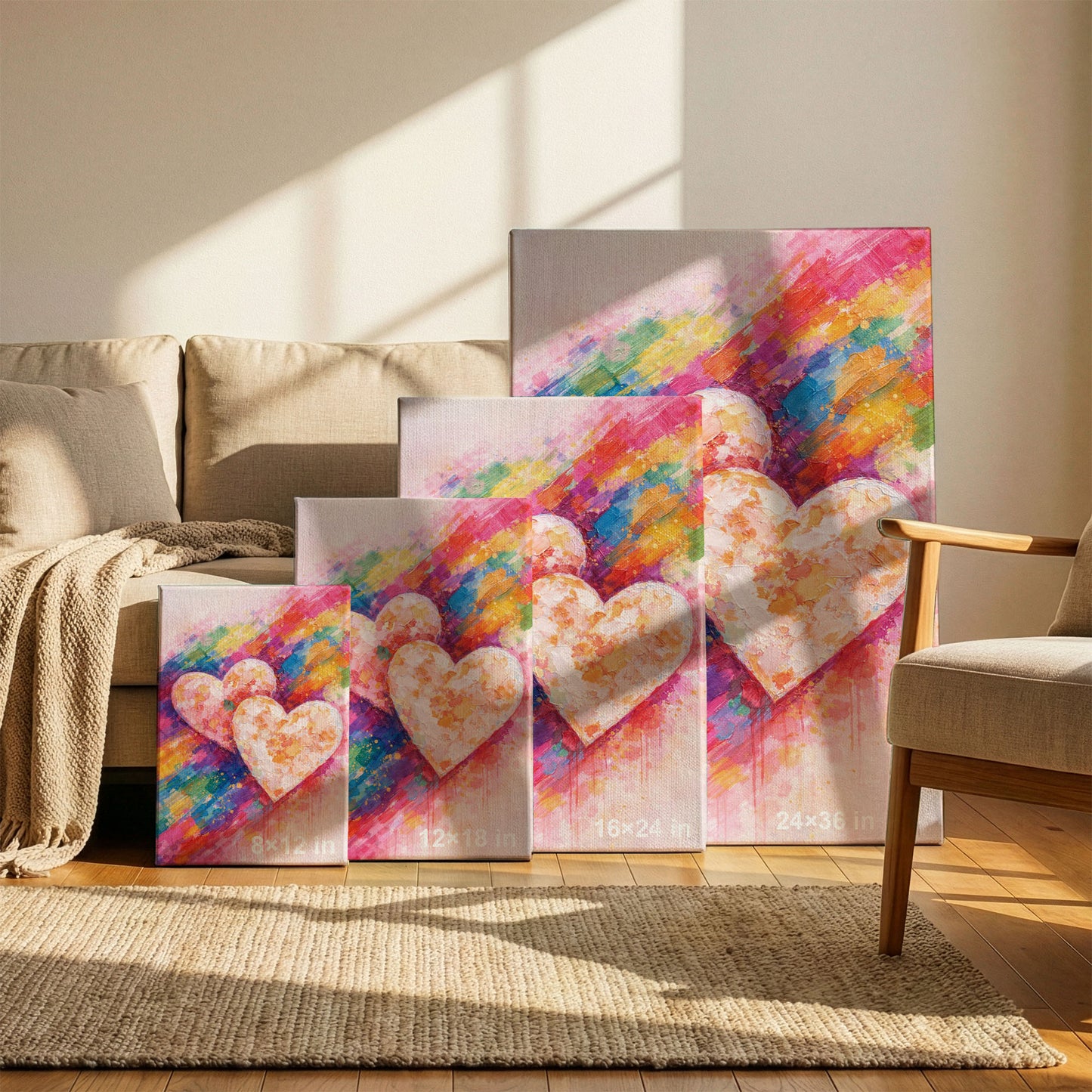 Triple Heart Abstract Canvas Wall Art – Colorful Textured Love Decor