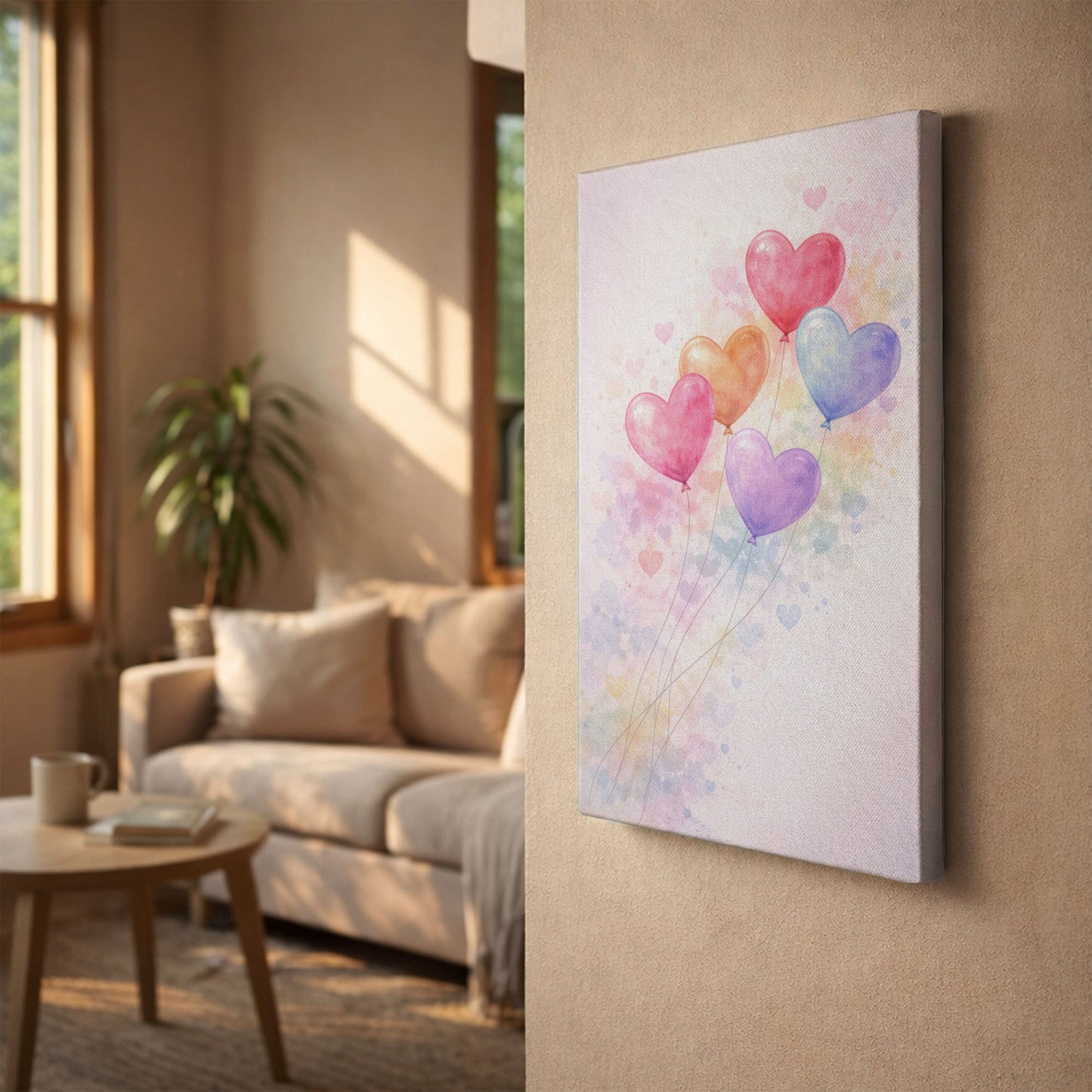 Heart Balloon Canvas Wall Art – Pastel Watercolor Love Decor