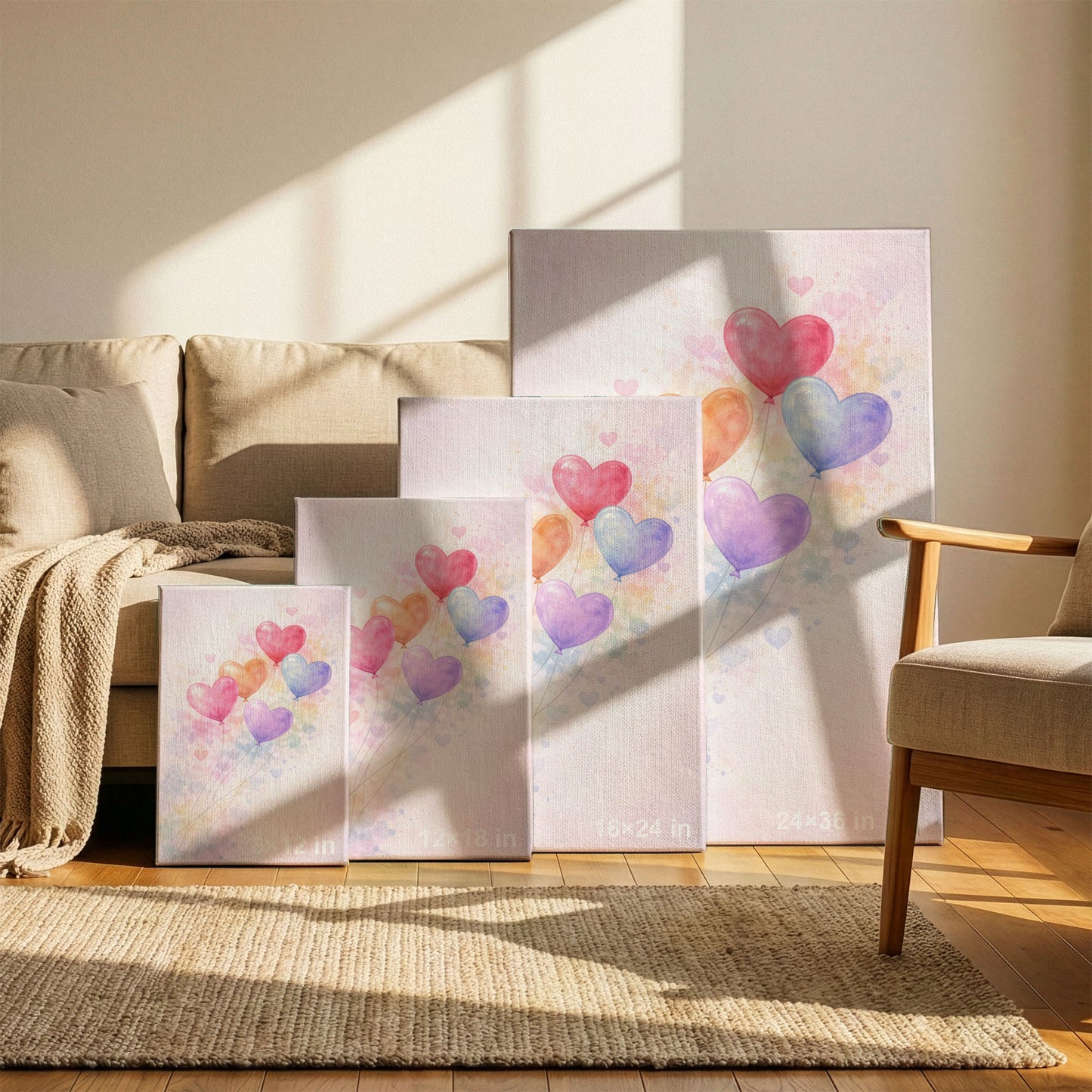 Heart Balloon Canvas Wall Art – Pastel Watercolor Love Decor