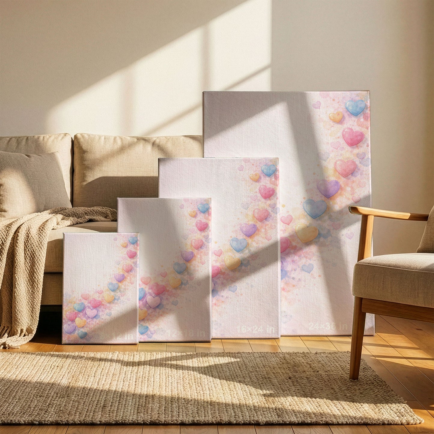 Rainbow Heart Trail Canvas Wall Art – Soft Abstract Love Decor