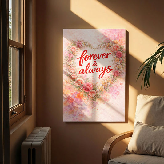 Forever and Always Canvas Wall Art – Floral Heart Wreath Love Quote