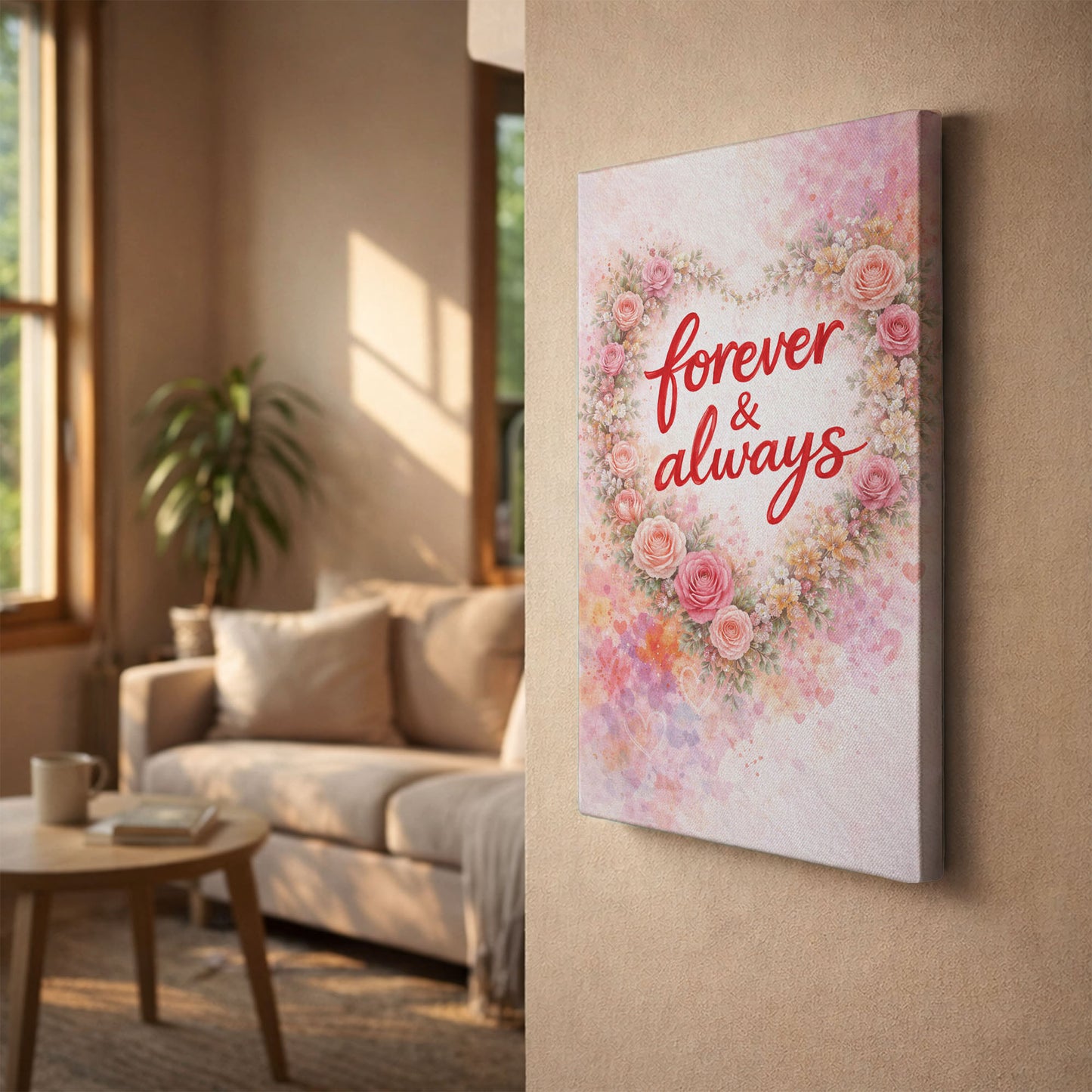 Forever and Always Canvas Wall Art – Floral Heart Wreath Love Quote