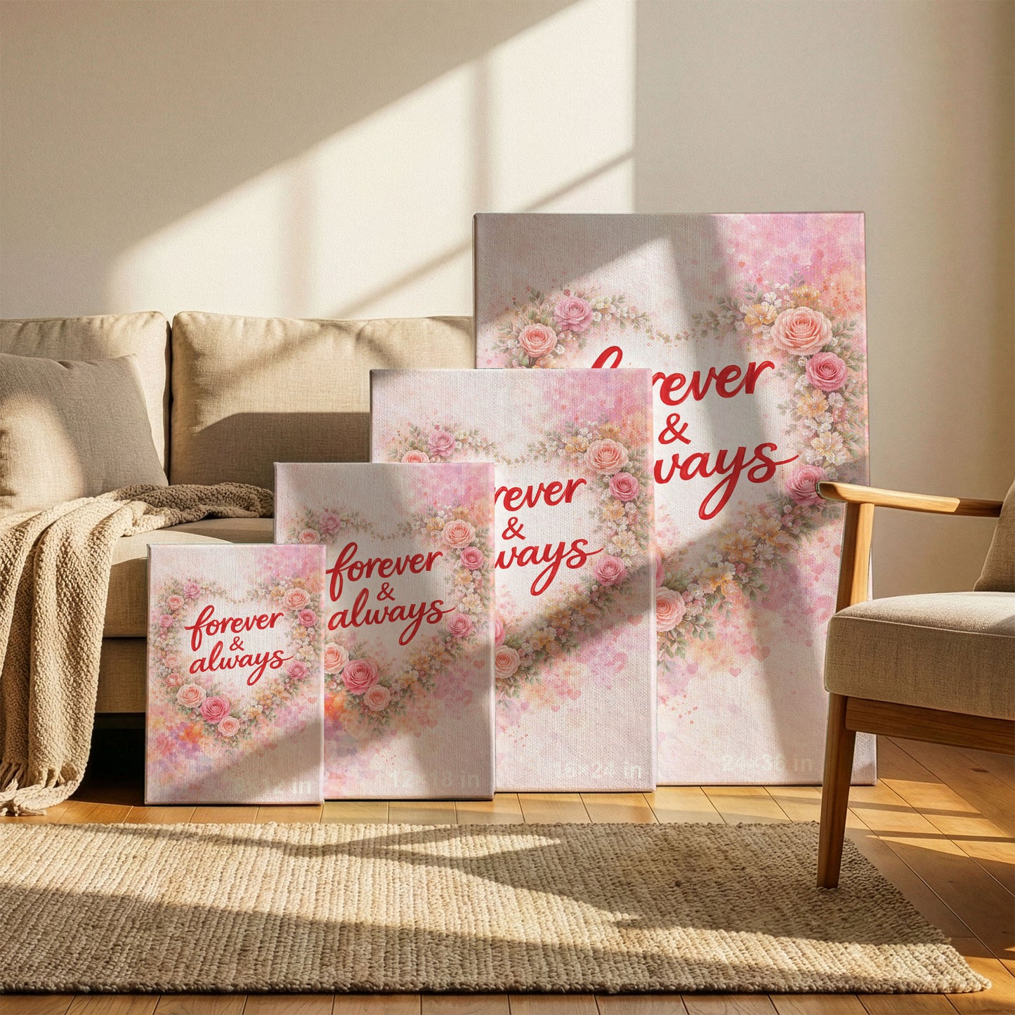 Forever and Always Canvas Wall Art – Floral Heart Wreath Love Quote