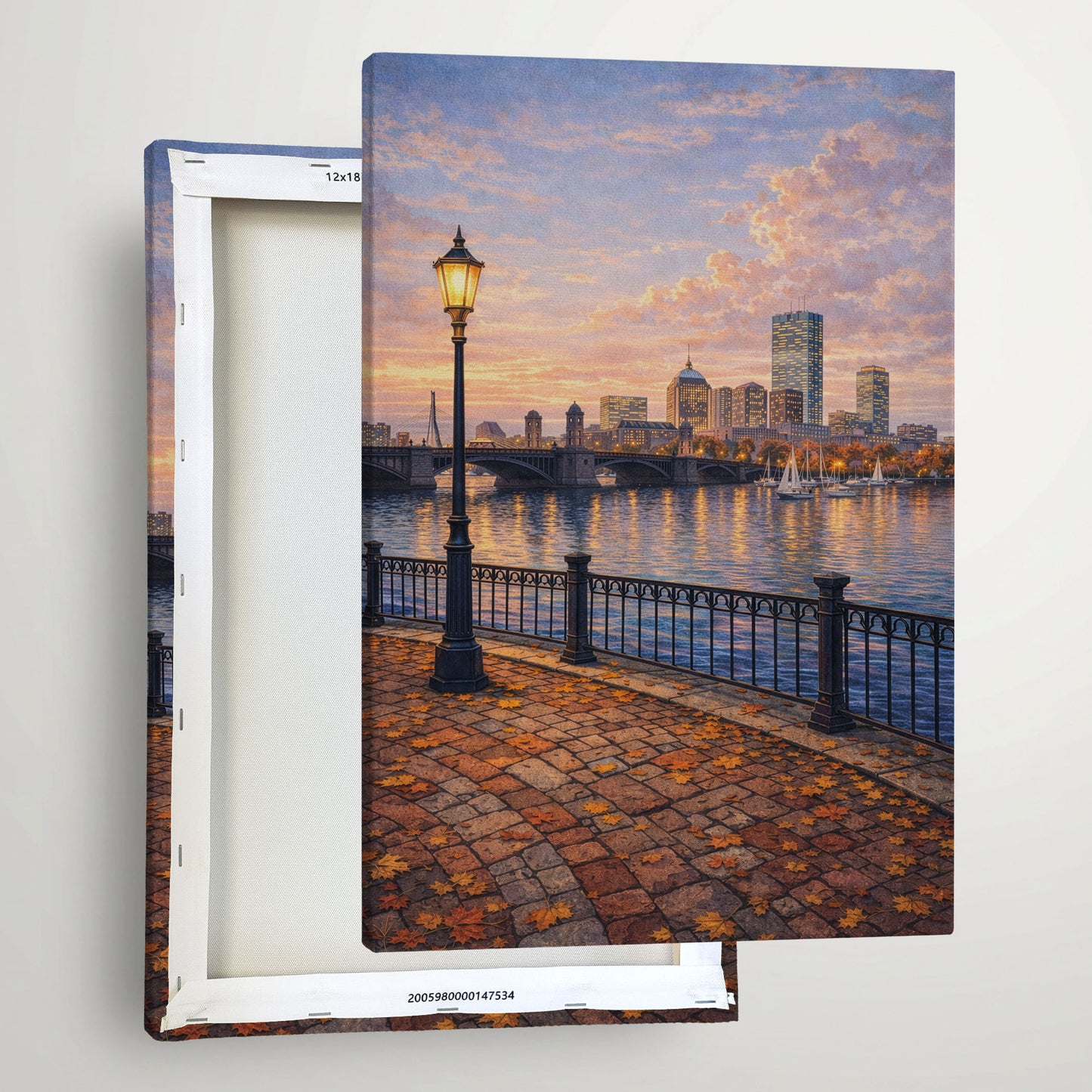 Boston Autumn Riverwalk Canvas Art | Cozy Waterfront City Landscape Wall Art
