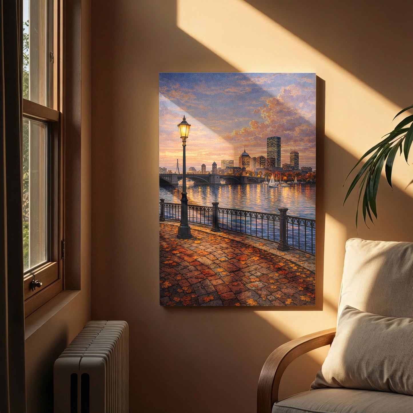 Boston Autumn Riverwalk Canvas Art | Cozy Waterfront City Landscape Wall Art
