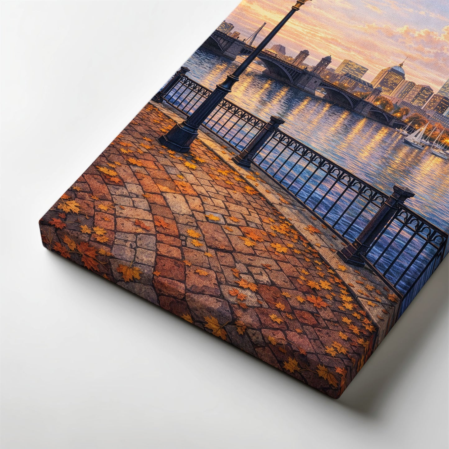 Boston Autumn Riverwalk Canvas Art | Cozy Waterfront City Landscape Wall Art