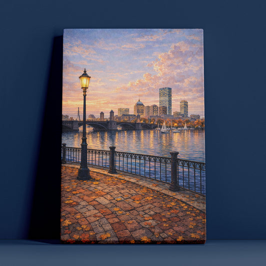 Boston Autumn Riverwalk Canvas Art | Cozy Waterfront City Landscape Wall Art