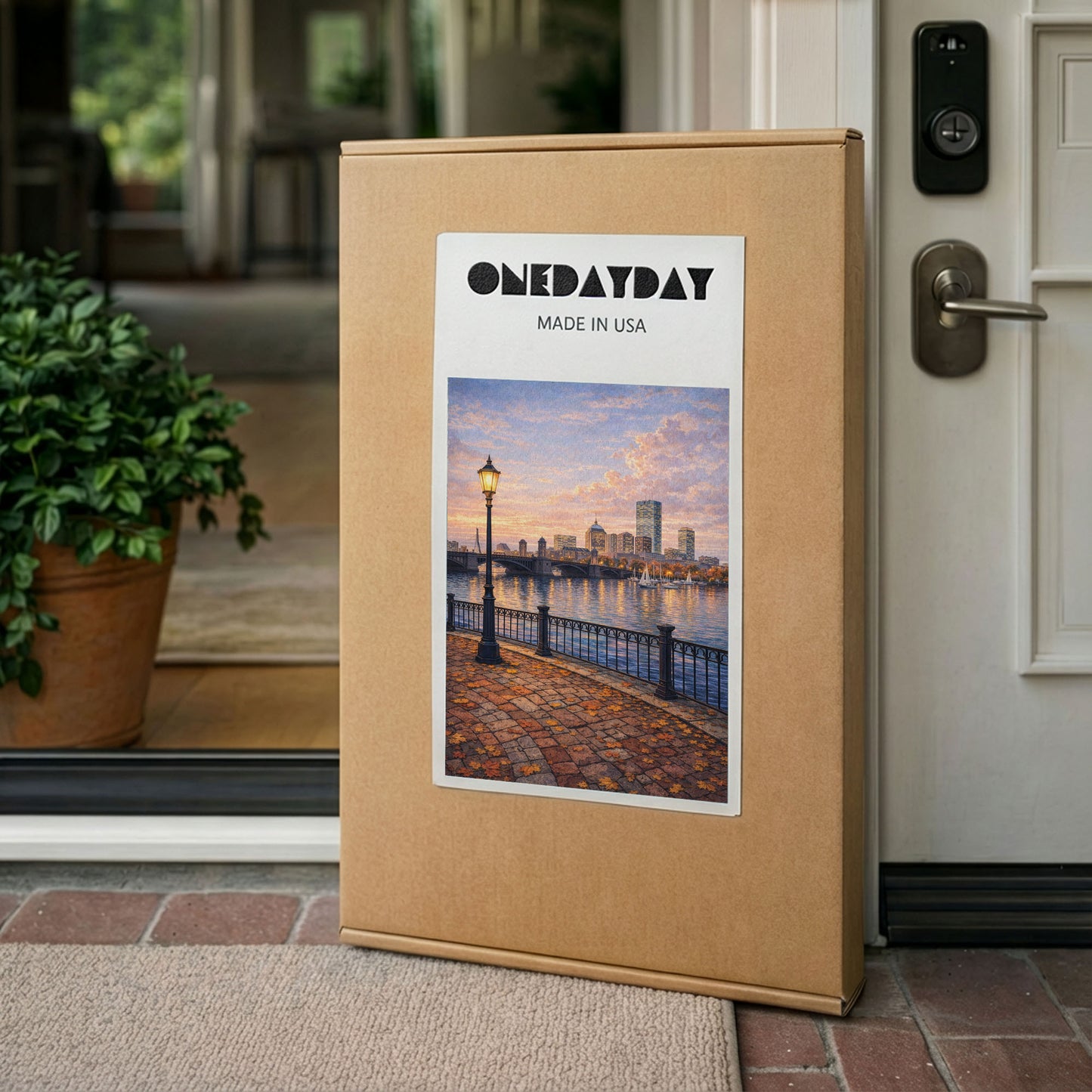 Boston Autumn Riverwalk Canvas Art | Cozy Waterfront City Landscape Wall Art