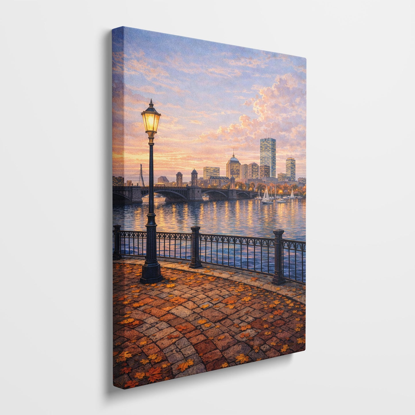 Boston Autumn Riverwalk Canvas Art | Cozy Waterfront City Landscape Wall Art