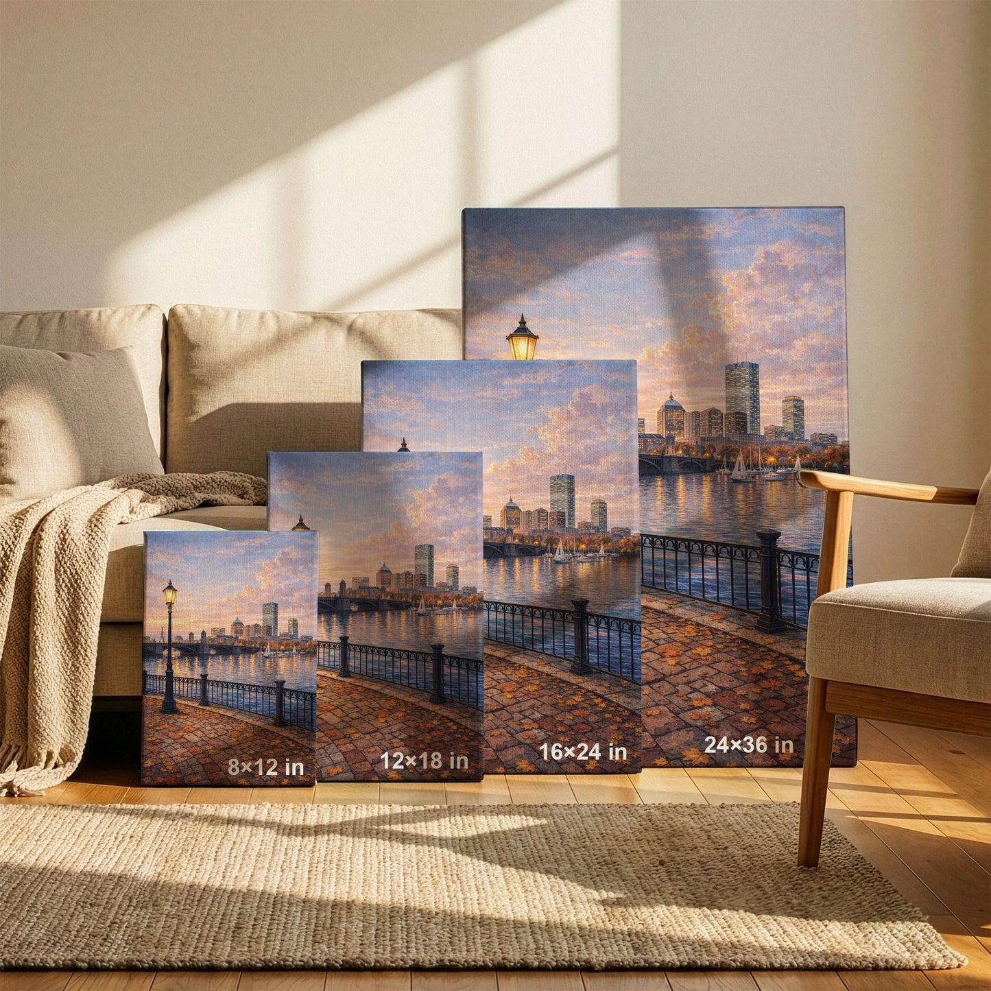 Boston Autumn Riverwalk Canvas Art | Cozy Waterfront City Landscape Wall Art
