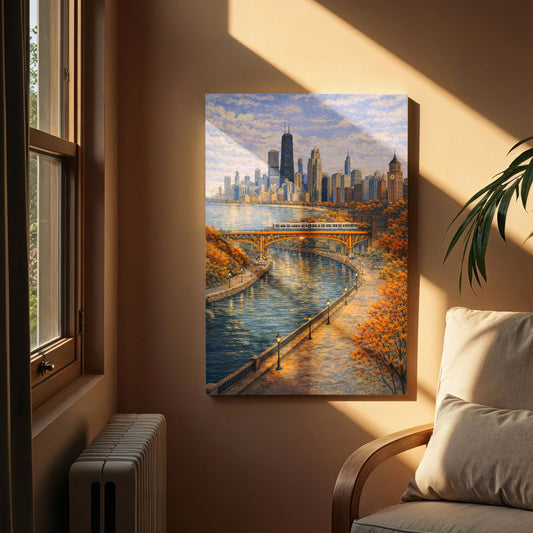 Chicago River City Canvas Art | Classic Skyline & Bridge Landscape Wall Decor