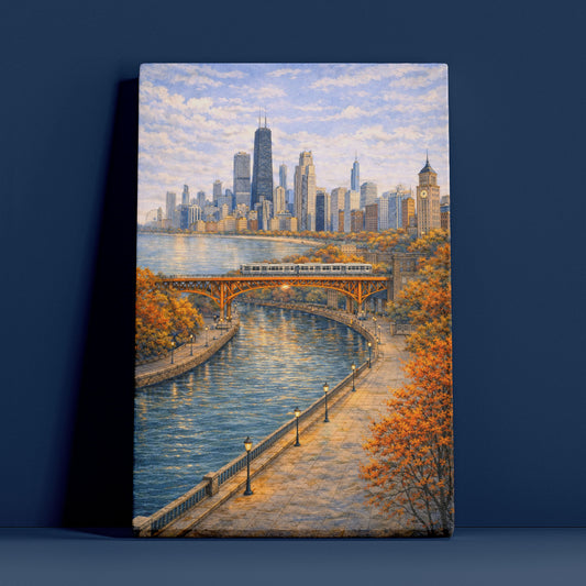 Chicago River City Canvas Art | Classic Skyline & Bridge Landscape Wall Decor