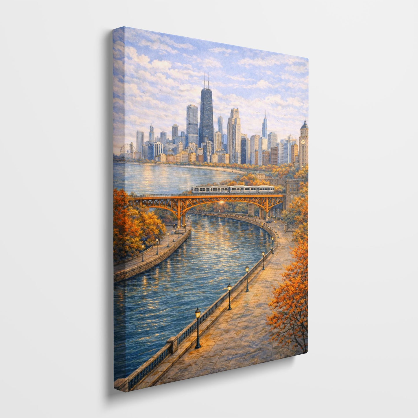 Chicago River City Canvas Art | Classic Skyline & Bridge Landscape Wall Decor