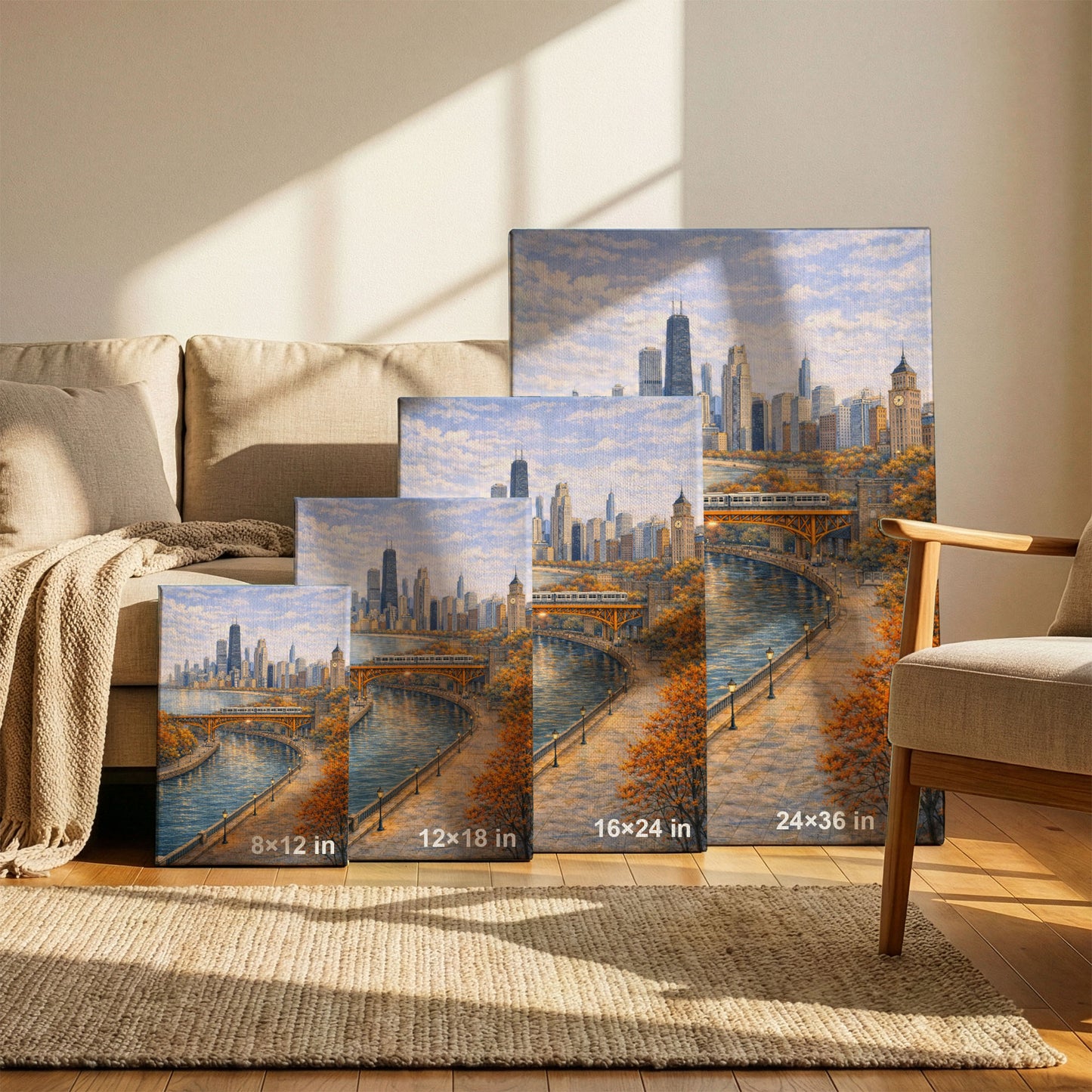 Chicago River City Canvas Art | Classic Skyline & Bridge Landscape Wall Decor