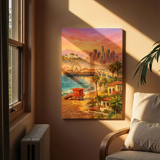 Los Angeles Sunset Canvas Art | Warm Coastal Cityscape Wall Art