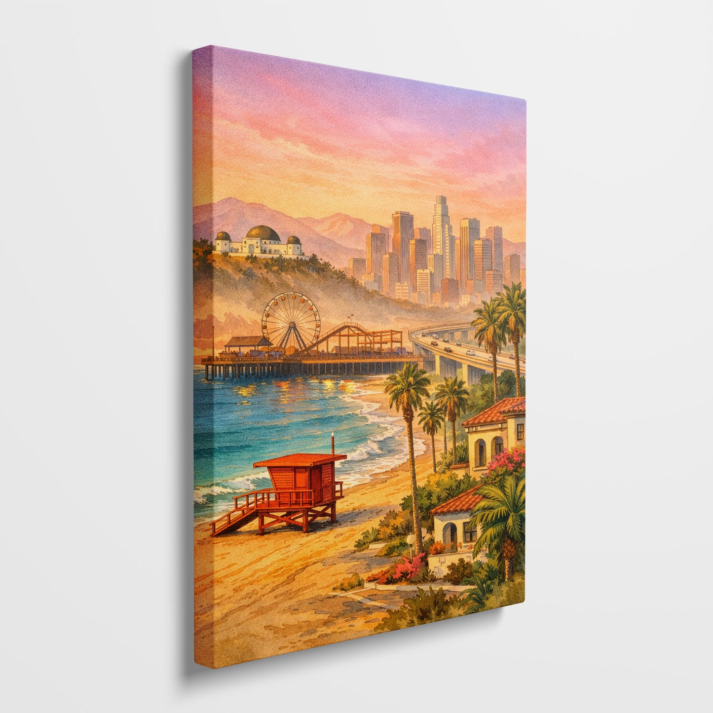Los Angeles Sunset Canvas Art | Warm Coastal Cityscape Wall Art