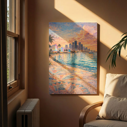 Miami Coastal Canvas Art | Pastel Waterfront Cityscape Wall Art