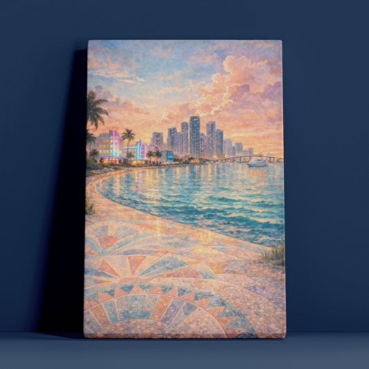 Miami Coastal Canvas Art | Pastel Waterfront Cityscape Wall Art
