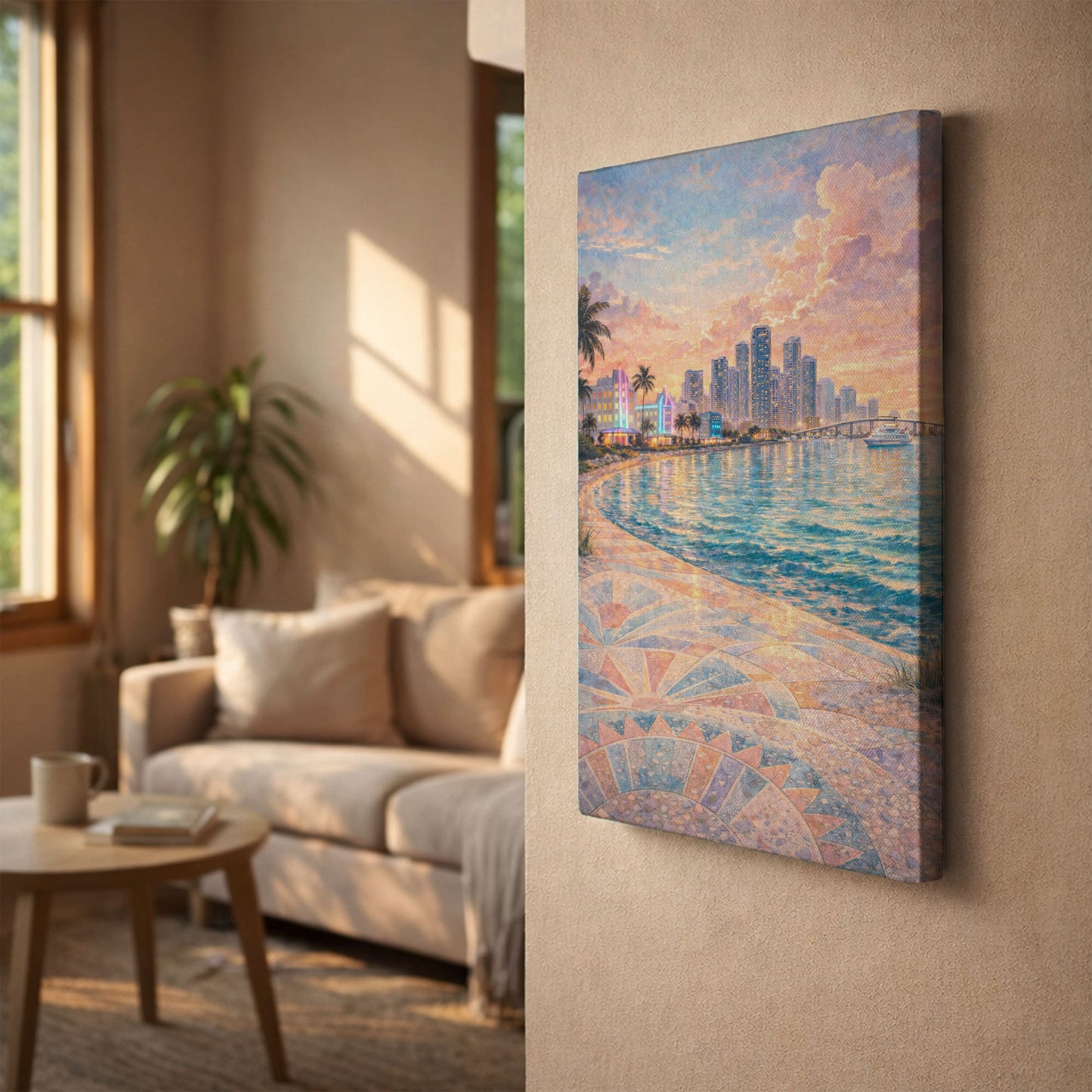 Miami Coastal Canvas Art | Pastel Waterfront Cityscape Wall Art