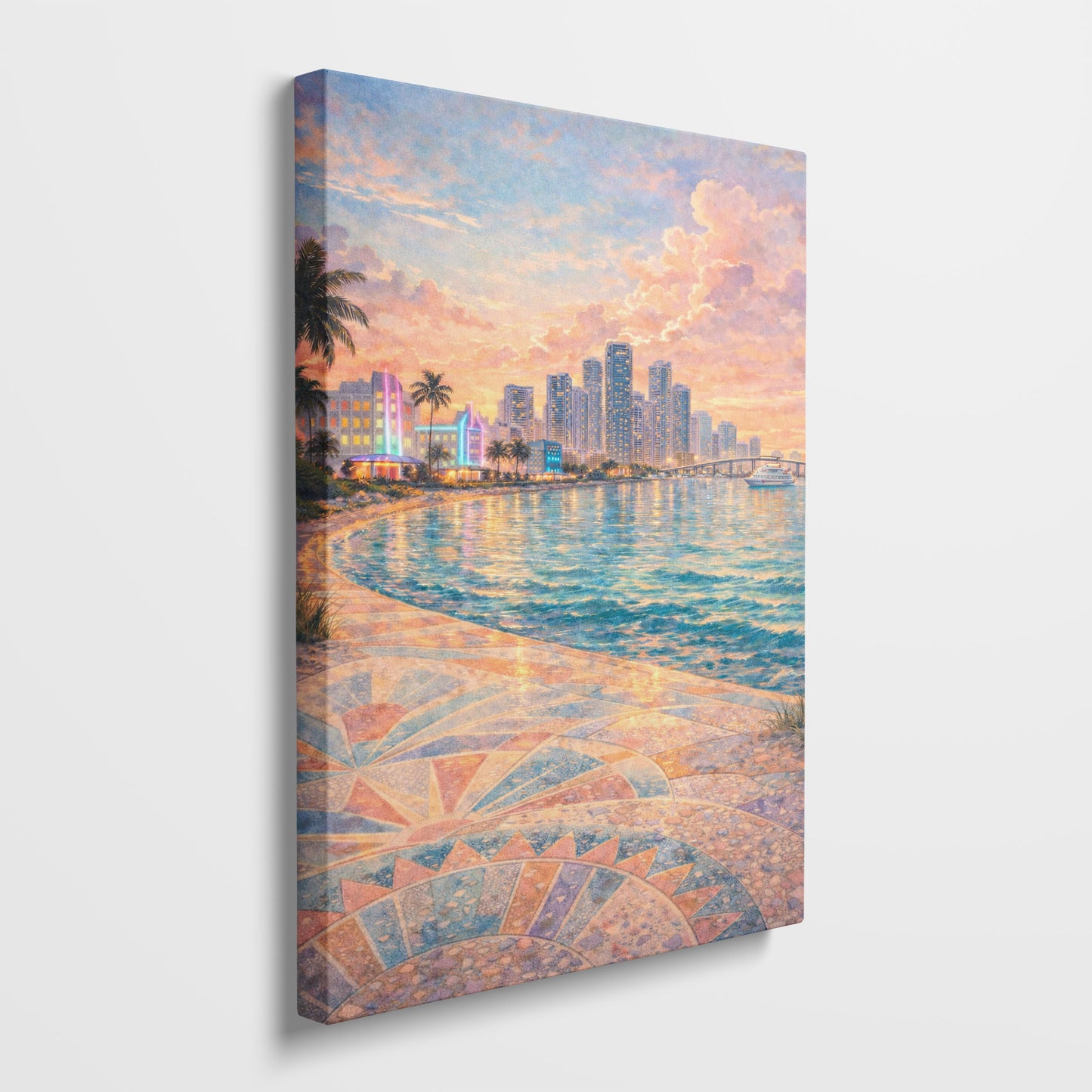 Miami Coastal Canvas Art | Pastel Waterfront Cityscape Wall Art
