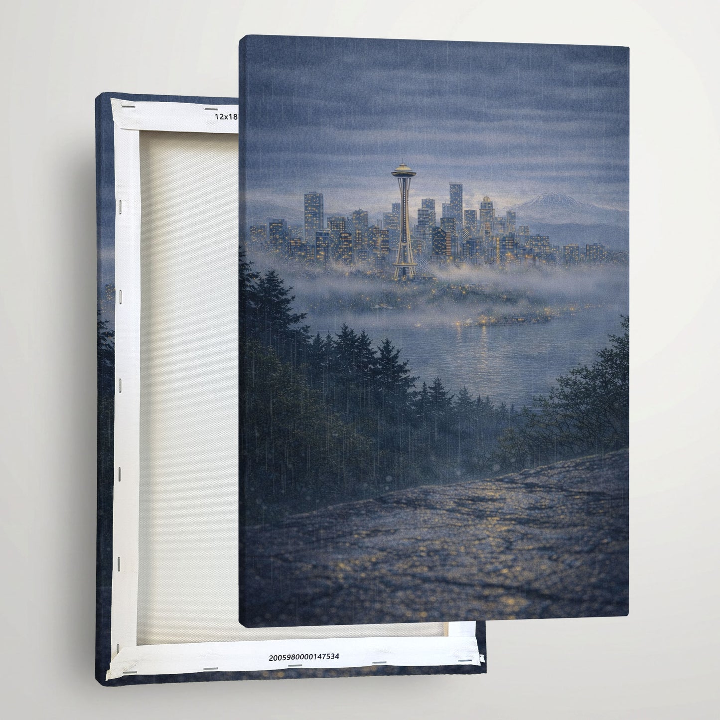 Seattle Rainy City Canvas Art | Moody Skyline & Space Needle Wall Art