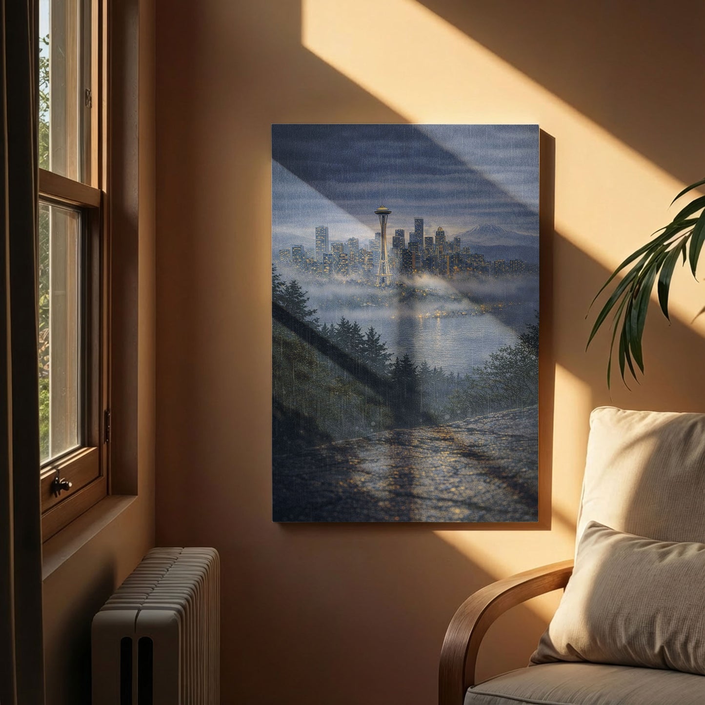 Seattle Rainy City Canvas Art | Moody Skyline & Space Needle Wall Art