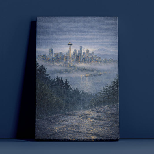 Seattle Rainy City Canvas Art | Moody Skyline & Space Needle Wall Art