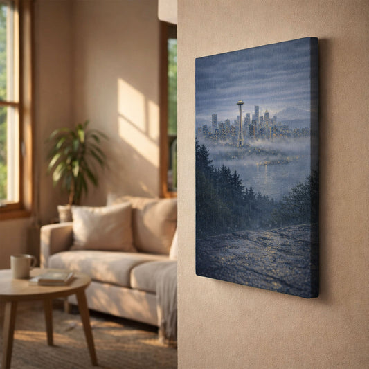 Seattle Rainy City Canvas Art | Moody Skyline & Space Needle Wall Art