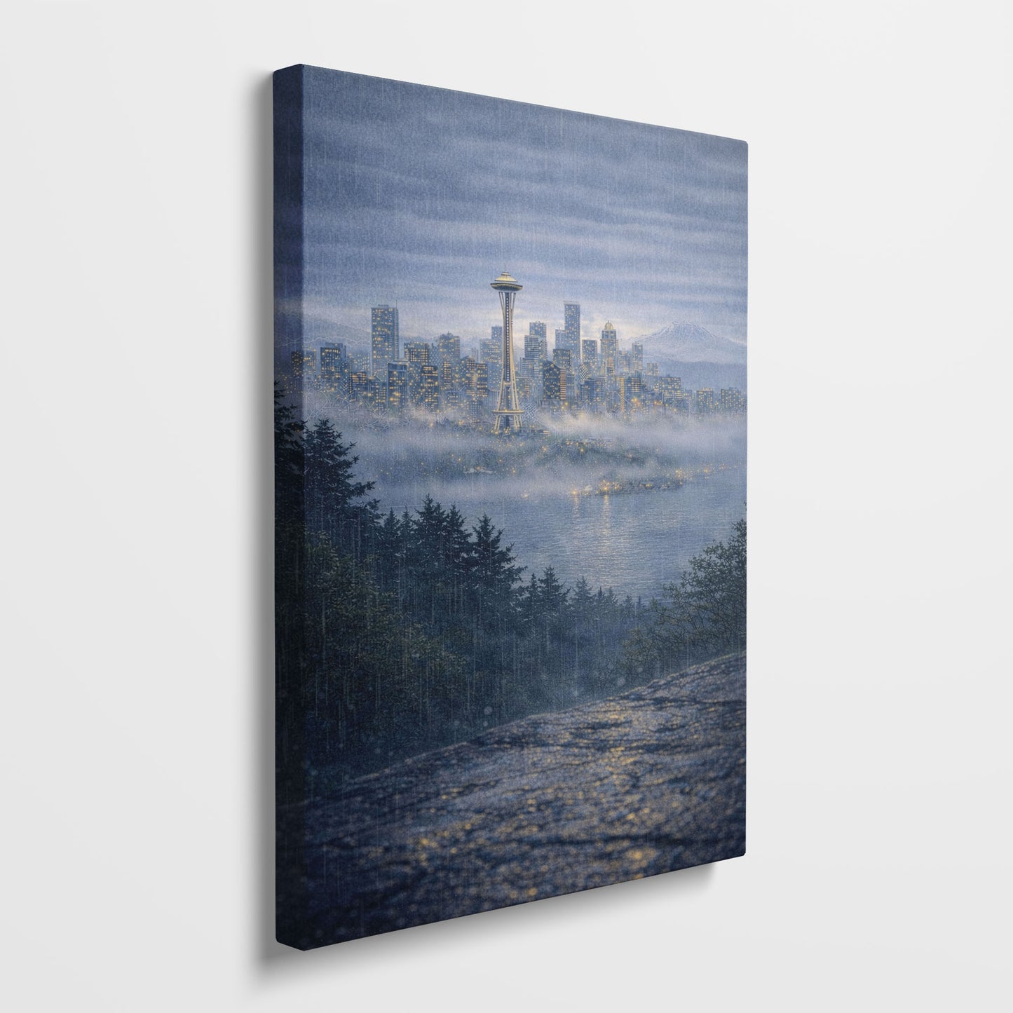 Seattle Rainy City Canvas Art | Moody Skyline & Space Needle Wall Art