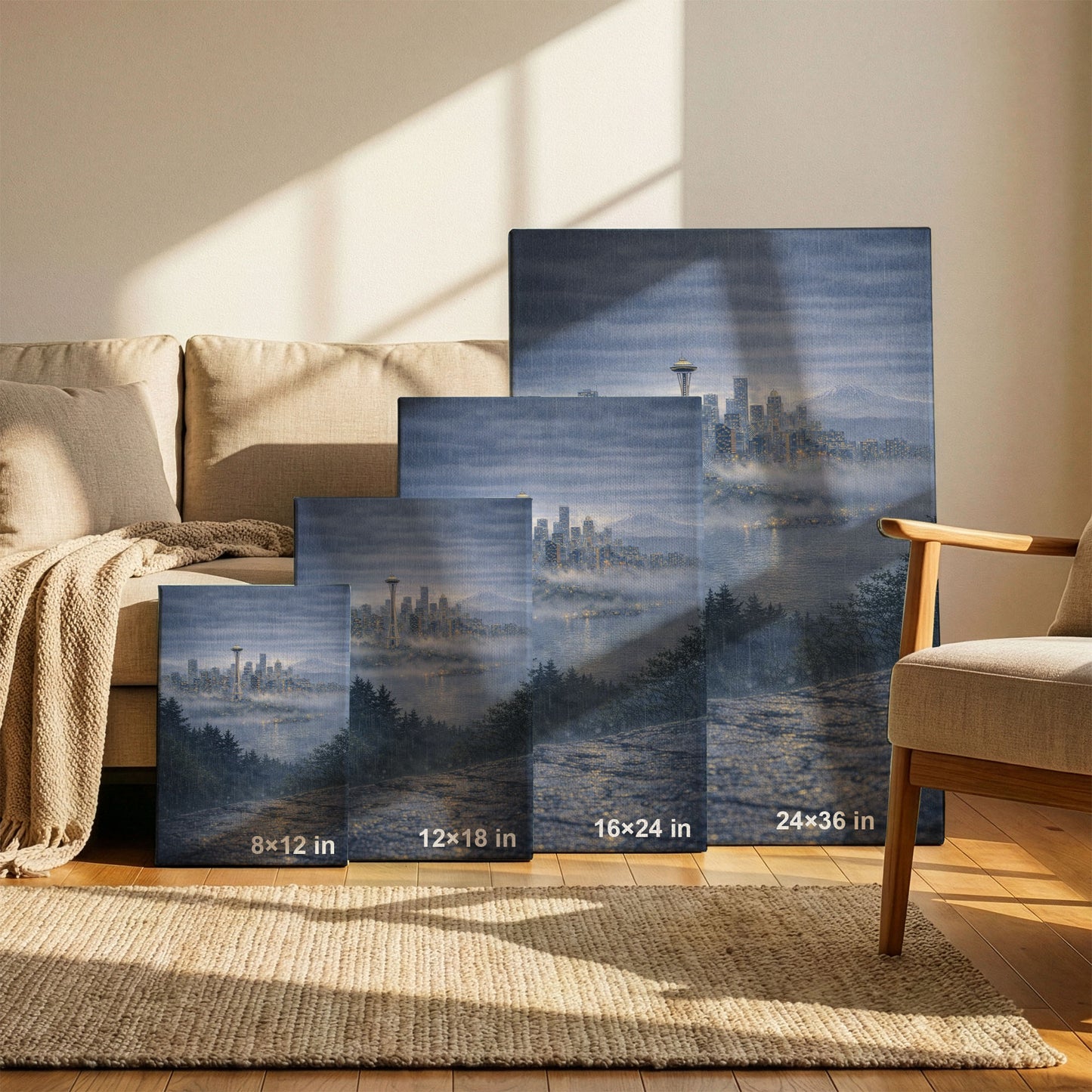 Seattle Rainy City Canvas Art | Moody Skyline & Space Needle Wall Art