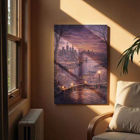 New York Winter Canvas Art | Snowy Skyline & River City Wall Decor