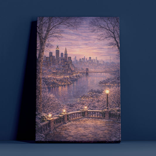 New York Winter Canvas Art | Snowy Skyline & River City Wall Decor